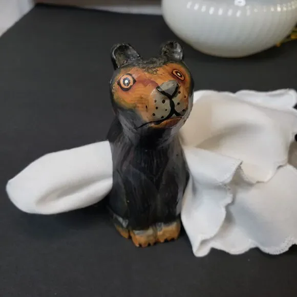 Farmhouse Primitive Hand Carved Wooden Black Bear Napkin Holders Rings Set of 4 - Picture 2 of 9